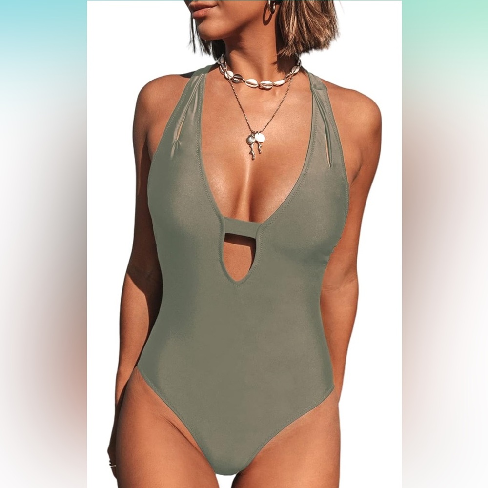 CUPSHE Women One Piece Swimsuit Deep V Neck Strappy Swimwear Bathing suit‎ small